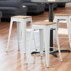 LT&S Alloy Series Lancaster Table & Seating Alloy Series White Metal Indoor Industrial Cafe Counter Height Stool With Natural Wood Seat