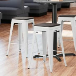 LT&S Alloy Series Lancaster Table & Seating Alloy Series White Metal Indoor Industrial Cafe Counter Height Stool With Black Wood Seat