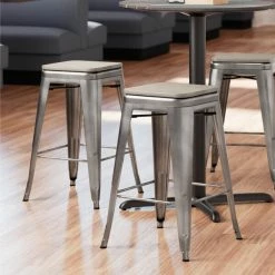 LT&S Alloy Series Lancaster Table & Seating Alloy Series Clear Coated Metal Indoor Industrial Cafe Counter Height Stool With Gray Wood Seat