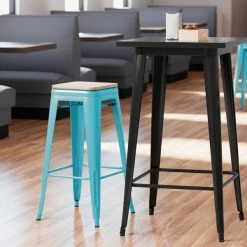 LT&S Alloy Series Lancaster Table & Seating Alloy Series Arctic Blue Metal Indoor Industrial Cafe Bar Height Stool With Natural Wood Seat