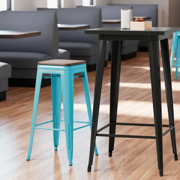 LT&S Alloy Series Lancaster Table & Seating Alloy Series Arctic Blue Metal Indoor Industrial Cafe Bar Height Stool With Walnut Wood Seat 1 LT&S Alloy Series Lancaster Table & Seating Alloy Series Arctic Blue Metal Indoor Industrial Cafe Bar Height Stool With Walnut Wood Seat