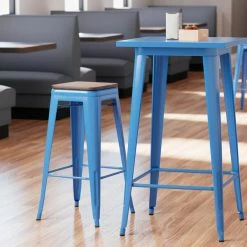 LT&S Alloy Series Lancaster Table & Seating Alloy Series Blue Metal Indoor Industrial Cafe Bar Height Stool With Walnut Wood Seat