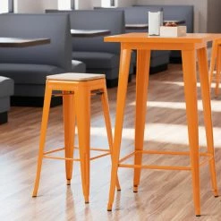 LT&S Alloy Series Lancaster Table & Seating Alloy Series Orange Metal Indoor Industrial Cafe Bar Height Stool With Natural Wood Seat