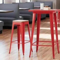 LT&S Alloy Series Lancaster Table & Seating Alloy Series Red Metal Indoor Industrial Cafe Bar Height Stool With Natural Wood Seat