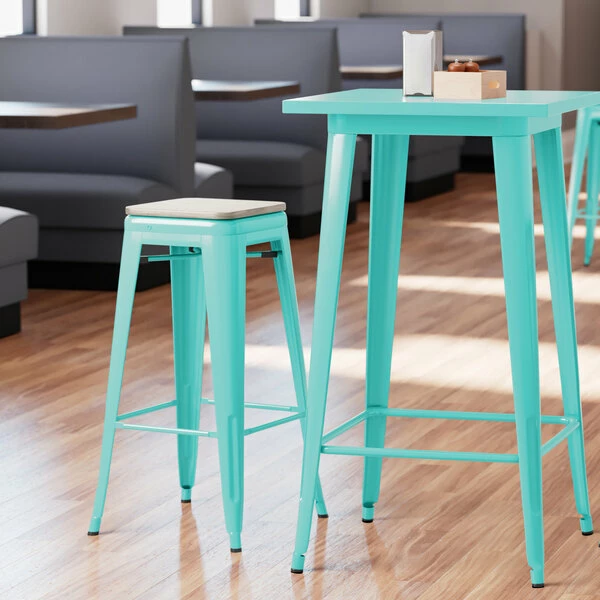 LT&S Alloy Series Lancaster Table & Seating Alloy Series Seafoam Stackable Metal Indoor Industrial Barstool With Gray Wood Seat 1 LT&S Alloy Series Lancaster Table & Seating Alloy Series Seafoam Stackable Metal Indoor Industrial Barstool With Gray Wood Seat