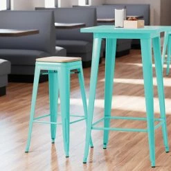 LT&S Alloy Series Lancaster Table & Seating Alloy Series Seafoam Metal Indoor Industrial Cafe Bar Height Stool With Natural Wood Seat