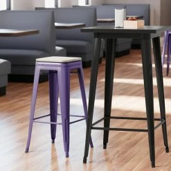 LT&S Alloy Series Lancaster Table & Seating Alloy Series Purple Stackable Metal Indoor Industrial Barstool With Gray Wood Seat