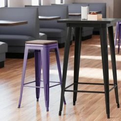 LT&S Alloy Series Lancaster Table & Seating Alloy Series Purple Metal Indoor Industrial Cafe Bar Height Stool With Walnut Wood Seat