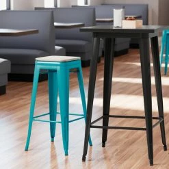 LT&S Alloy Series Lancaster Table & Seating Alloy Series Teal Stackable Metal Indoor Industrial Barstool With Gray Wood Seat