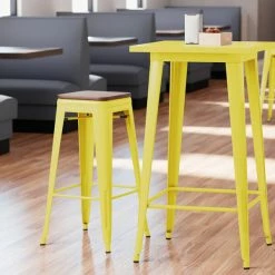 LT&S Alloy Series Lancaster Table & Seating Alloy Series Yellow Metal Indoor Industrial Cafe Bar Height Stool With Walnut Wood Seat