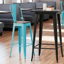 LT&S Alloy Series Lancaster Table & Seating Alloy Series Arctic Blue Metal Indoor Industrial Cafe Bar Height Stool With Vertical Slat Back And Walnut Wood Seat