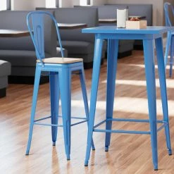 LT&S Alloy Series Lancaster Table & Seating Alloy Series Blue Metal Indoor Industrial Cafe Bar Height Stool With Vertical Slat Back And Natural Wood Seat