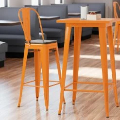 LT&S Alloy Series Lancaster Table & Seating Alloy Series Orange Metal Indoor Industrial Cafe Bar Height Stool With Vertical Slat Back And Black Wood Seat