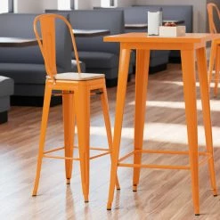 LT&S Alloy Series Lancaster Table & Seating Alloy Series Orange Metal Indoor Industrial Cafe Bar Height Stool With Vertical Slat Back And Natural Wood Seat