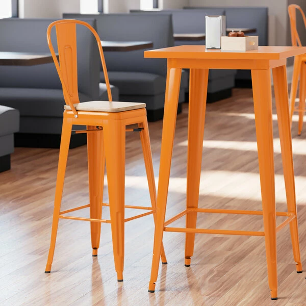 LT&S Alloy Series Lancaster Table & Seating Alloy Series Orange Metal Indoor Industrial Cafe Bar Height Stool With Vertical Slat Back And Natural Wood Seat 1 LT&S Alloy Series Lancaster Table & Seating Alloy Series Orange Metal Indoor Industrial Cafe Bar Height Stool With Vertical Slat Back And Natural Wood Seat
