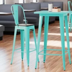 LT&S Alloy Series Lancaster Table & Seating Alloy Series Seafoam Metal Indoor Industrial Cafe Bar Height Stool With Vertical Slat Back And Black Wood Seat