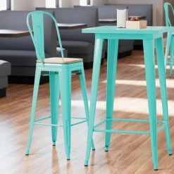 LT&S Alloy Series Lancaster Table & Seating Alloy Series Seafoam Metal Indoor Industrial Cafe Bar Height Stool With Vertical Slat Back And Natural Wood Seat