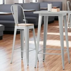 LT&S Alloy Series Lancaster Table & Seating Alloy Series Silver Metal Indoor Industrial Cafe Bar Height Stool With Vertical Slat Back And Natural Wood Seat