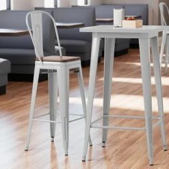 LT&S Alloy Series Lancaster Table & Seating Alloy Series Silver Metal Indoor Industrial Cafe Bar Height Stool With Vertical Slat Back And Walnut Wood Seat