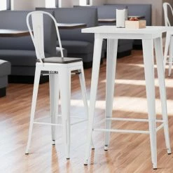 LT&S Alloy Series Lancaster Table & Seating Alloy Series White Metal Indoor Industrial Cafe Bar Height Stool With Vertical Slat Back And Black Wood Seat