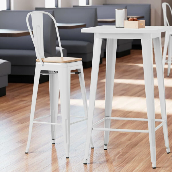 LT&S Alloy Series Lancaster Table & Seating Alloy Series White Metal Indoor Industrial Cafe Bar Height Stool With Vertical Slat Back And Natural Wood Seat 1 LT&S Alloy Series Lancaster Table & Seating Alloy Series White Metal Indoor Industrial Cafe Bar Height Stool With Vertical Slat Back And Natural Wood Seat