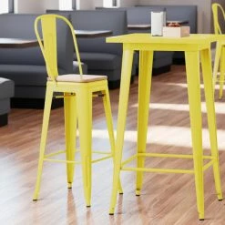 LT&S Alloy Series Lancaster Table & Seating Alloy Series Yellow Metal Indoor Industrial Cafe Bar Height Stool With Vertical Slat Back And Natural Wood Seat