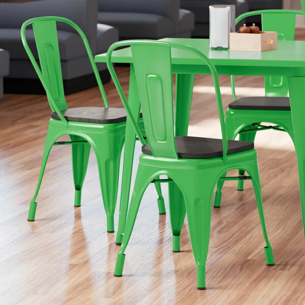 LT&S Alloy Series Lancaster Table & Seating Alloy Series Green Metal Indoor Industrial Cafe Chair With Vertical Slat Back And Black Wood Seat 1 LT&S Alloy Series Lancaster Table & Seating Alloy Series Green Metal Indoor Industrial Cafe Chair With Vertical Slat Back And Black Wood Seat