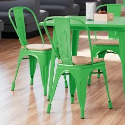 LT&S Alloy Series Lancaster Table & Seating Alloy Series Green Metal Indoor Industrial Cafe Chair With Vertical Slat Back And Natural Wood Seat