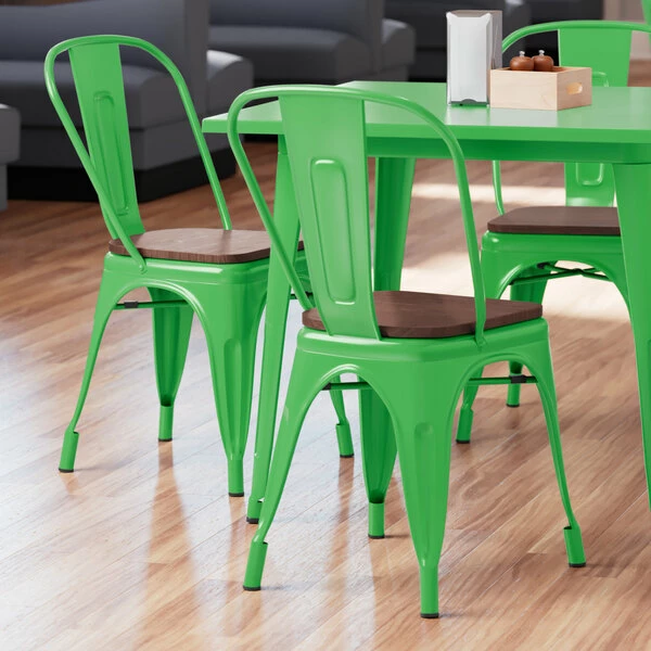 LT&S Alloy Series Lancaster Table & Seating Alloy Series Green Metal Indoor Industrial Cafe Chair With Vertical Slat Back And Walnut Wood Seat 1 LT&S Alloy Series Lancaster Table & Seating Alloy Series Green Metal Indoor Industrial Cafe Chair With Vertical Slat Back And Walnut Wood Seat