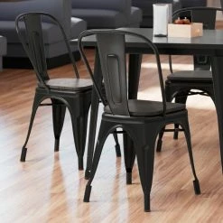 LT&S Alloy Series Lancaster Table & Seating Alloy Series Black Metal Indoor Industrial Cafe Chair With Vertical Slat Back And Black Wood Seat
