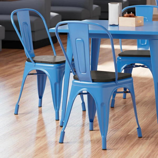 LT&S Alloy Series Lancaster Table & Seating Alloy Series Blue Metal Indoor Industrial Cafe Chair With Vertical Slat Back And Black Wood Seat 1 LT&S Alloy Series Lancaster Table & Seating Alloy Series Blue Metal Indoor Industrial Cafe Chair With Vertical Slat Back And Black Wood Seat