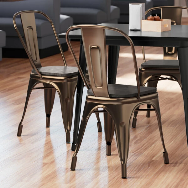LT&S Alloy Series Lancaster Table & Seating Alloy Series Copper Metal Indoor Industrial Cafe Chair With Vertical Slat Back And Black Wood Seat 1 LT&S Alloy Series Lancaster Table & Seating Alloy Series Copper Metal Indoor Industrial Cafe Chair With Vertical Slat Back And Black Wood Seat
