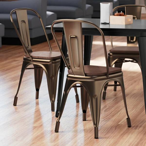 LT&S Alloy Series Lancaster Table & Seating Alloy Series Copper Metal Indoor Industrial Cafe Chair With Vertical Slat Back And Walnut Wood Seat 1 LT&S Alloy Series Lancaster Table & Seating Alloy Series Copper Metal Indoor Industrial Cafe Chair With Vertical Slat Back And Walnut Wood Seat