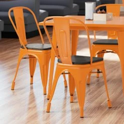 LT&S Alloy Series Lancaster Table & Seating Alloy Series Orange Metal Indoor Industrial Cafe Chair With Vertical Slat Back And Black Wood Seat