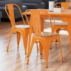 LT&S Alloy Series Lancaster Table & Seating Alloy Series Orange Metal Indoor Industrial Cafe Chair With Vertical Slat Back And Natural Wood Seat