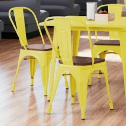 LT&S Alloy Series Lancaster Table & Seating Alloy Series Yellow Metal Indoor Industrial Cafe Chair With Vertical Slat Back And Walnut Wood Seat