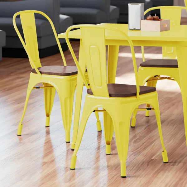 LT&S Alloy Series Lancaster Table & Seating Alloy Series Yellow Metal Indoor Industrial Cafe Chair With Vertical Slat Back And Walnut Wood Seat 1 LT&S Alloy Series Lancaster Table & Seating Alloy Series Yellow Metal Indoor Industrial Cafe Chair With Vertical Slat Back And Walnut Wood Seat
