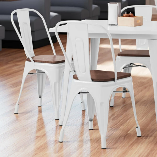 LT&S Alloy Series Lancaster Table & Seating Alloy Series White Metal Indoor Industrial Cafe Chair With Vertical Slat Back And Walnut Wood Seat 1 LT&S Alloy Series Lancaster Table & Seating Alloy Series White Metal Indoor Industrial Cafe Chair With Vertical Slat Back And Walnut Wood Seat