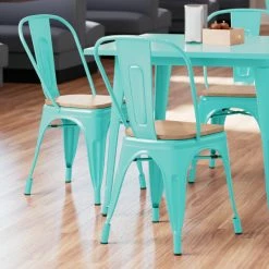 LT&S Alloy Series Lancaster Table & Seating Alloy Series Seafoam Metal Indoor Industrial Cafe Chair With Vertical Slat Back And Natural Wood Seat