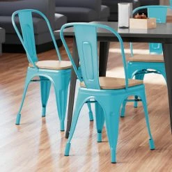 LT&S Alloy Series Lancaster Table & Seating Alloy Series Arctic Blue Metal Indoor Industrial Cafe Chair With Vertical Slat Back And Natural Wood Seat