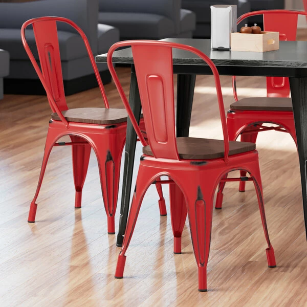 LT&S Alloy Series Lancaster Table & Seating Alloy Series Distressed Red Metal Indoor Industrial Cafe Chair With Vertical Slat Back And Walnut Wood Seat 1 LT&S Alloy Series Lancaster Table & Seating Alloy Series Distressed Red Metal Indoor Industrial Cafe Chair With Vertical Slat Back And Walnut Wood Seat