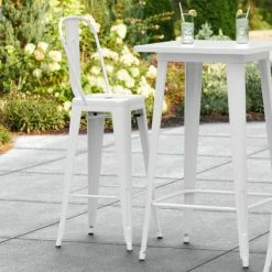 LT&S Alloy Series Lancaster Table & Seating Alloy Series White Metal Indoor / Outdoor Industrial Cafe Barstool With Vertical Slat Back And Drain Hole Seat