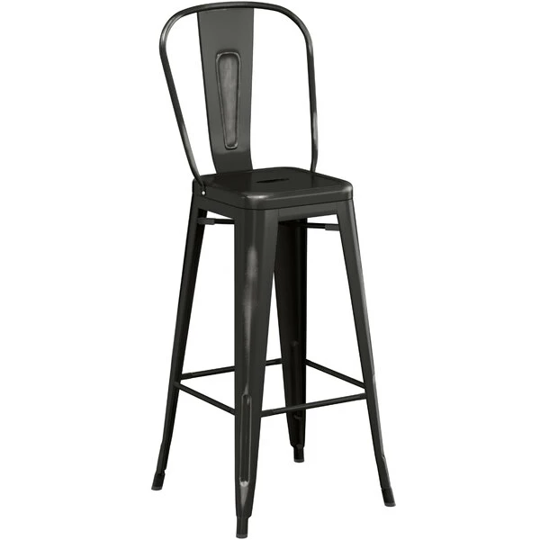 LT&S Alloy Series Lancaster Table & Seating Alloy Series Distressed Black Metal Indoor / Outdoor Industrial Cafe Barstool With Vertical Slat Back And Drain Hole Seat 2 LT&S Alloy Series Lancaster Table & Seating Alloy Series Distressed Black Metal Indoor / Outdoor Industrial Cafe Barstool With Vertical Slat Back And Drain Hole Seat - Image 2