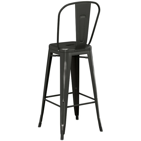 LT&S Alloy Series Lancaster Table & Seating Alloy Series Distressed Black Metal Indoor / Outdoor Industrial Cafe Barstool With Vertical Slat Back And Drain Hole Seat 3 LT&S Alloy Series Lancaster Table & Seating Alloy Series Distressed Black Metal Indoor / Outdoor Industrial Cafe Barstool With Vertical Slat Back And Drain Hole Seat - Image 3