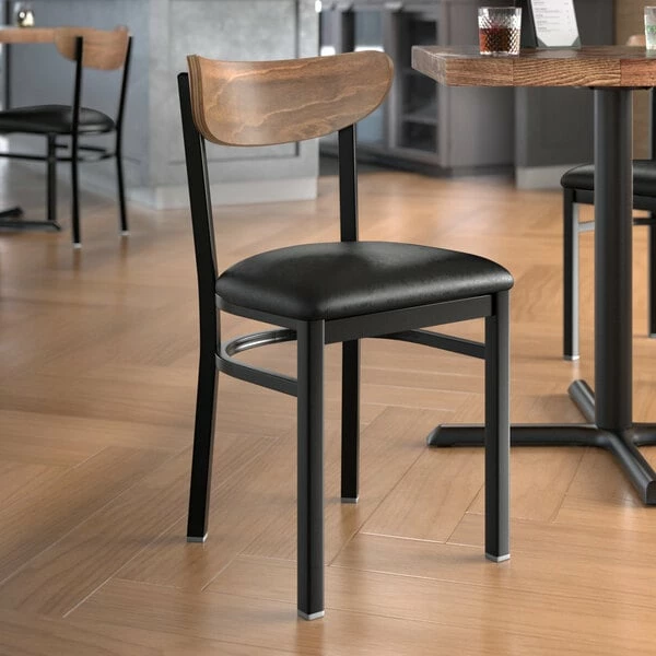 LT&S Boomerang Series Lancaster Table & Seating Boomerang Black Finish Chair With 2 1/2" Black Vinyl Padded Seat And Vintage Wood Back 1 LT&S Boomerang Series Lancaster Table & Seating Boomerang Black Finish Chair With 2 1/2" Black Vinyl Padded Seat And Vintage Wood Back