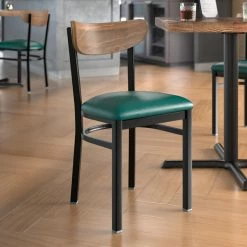 LT&S Boomerang Series Lancaster Table & Seating Boomerang Black Finish Chair With 2 1/2" Green Vinyl Padded Seat And Vintage Wood Back
