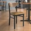 LT&S Boomerang Series Lancaster Table & Seating Boomerang Black Finish Chair With 2 1/2" Light Brown Vinyl Padded Seat And Vintage Wood Back