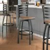 Lancaster Table & Seating Black Finish Ladder Back Swivel Bar Stool With Vintage Wood Seat