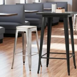 LT&S Alloy Series Lancaster Table & Seating Alloy Series Clear Coated Stackable Metal Indoor Industrial Barstool With Gray Wood Seat