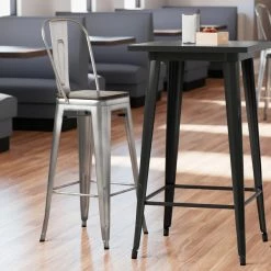 LT&S Alloy Series Lancaster Table & Seating Alloy Series Clear Coated Metal Indoor Industrial Cafe Bar Height Stool With Vertical Slat Back And Black Wood Seat
